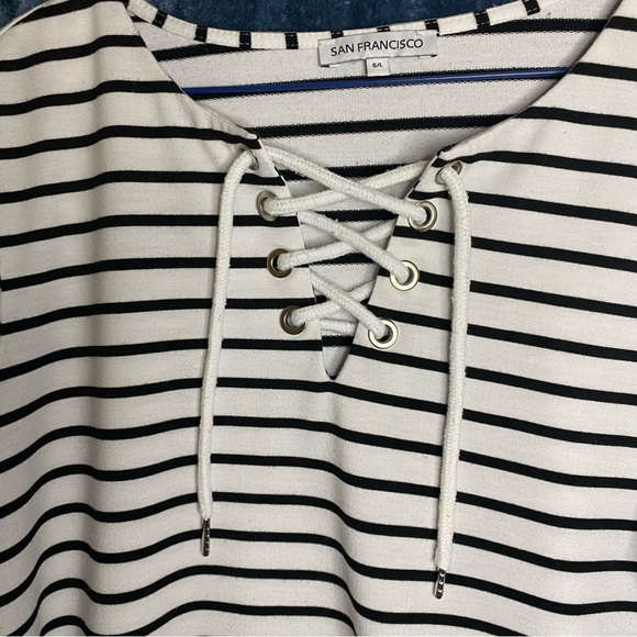 San Francisco Lace Up Front Shirt Women’s Sz L Black Ivory 100% Cotton Nautical - Picture 3 of 7